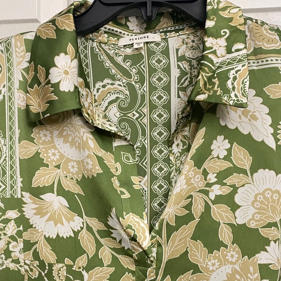 Pleione Olive Floral Print Green Beige White Long Sleeve Blouse Size XL - Picture 3 of 7